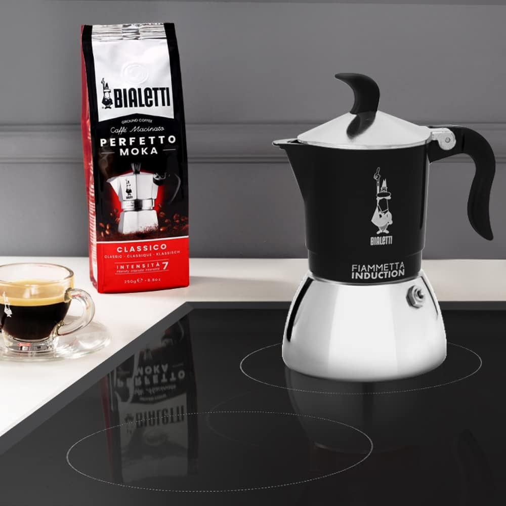 Bialetti Fiammetta Cafetera de inducción, 2 tazas (100 ml), apta para todo tipo de fuegos, diseño elegante, negra