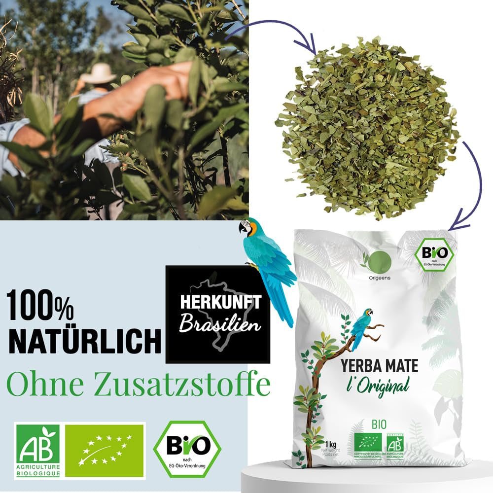 ORIGEENS BIO YERBA MATE TÉ 1 KG - El Original I Sin tostar, hojas, sin tallos, polvo ni migas I Bebida energizante y desintoxicante