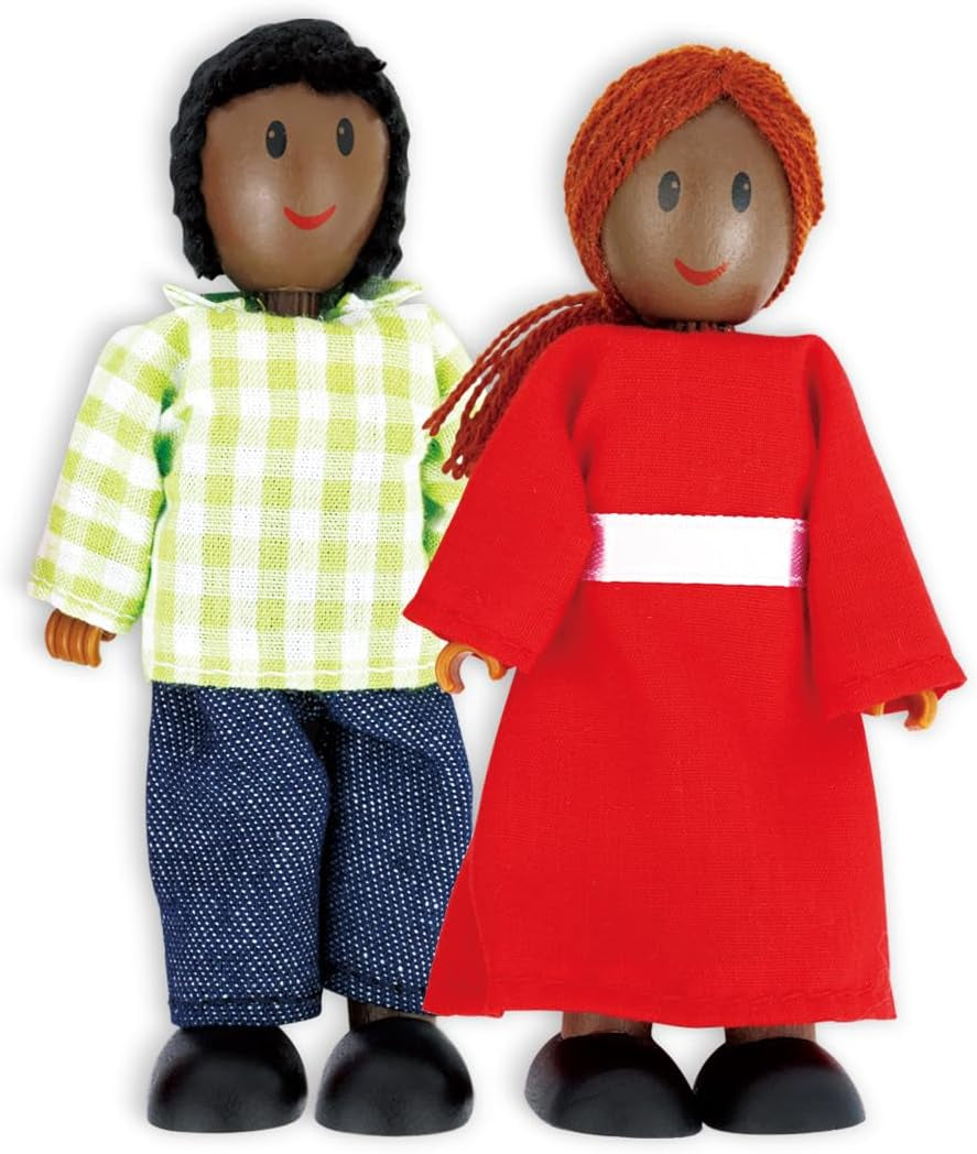 Hape Doll Family - Juego de accesorios para casa de muñecas de cuero oscuro de 6 piezas con figuras de madera y tela, juego de simulación, juguete educativo, juguete de aprendizaje interactivo para niños de 3 años en adelante