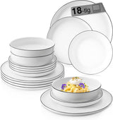SANGER | Marlo Juego de vajilla con bordes blancos y negros, vajilla de porcelana de 18 piezas para 6, blanco con detalles en negro, platos llanos, platos de postre y tazones, diseño moderno | LA COLECCIÓN PREMIUM
