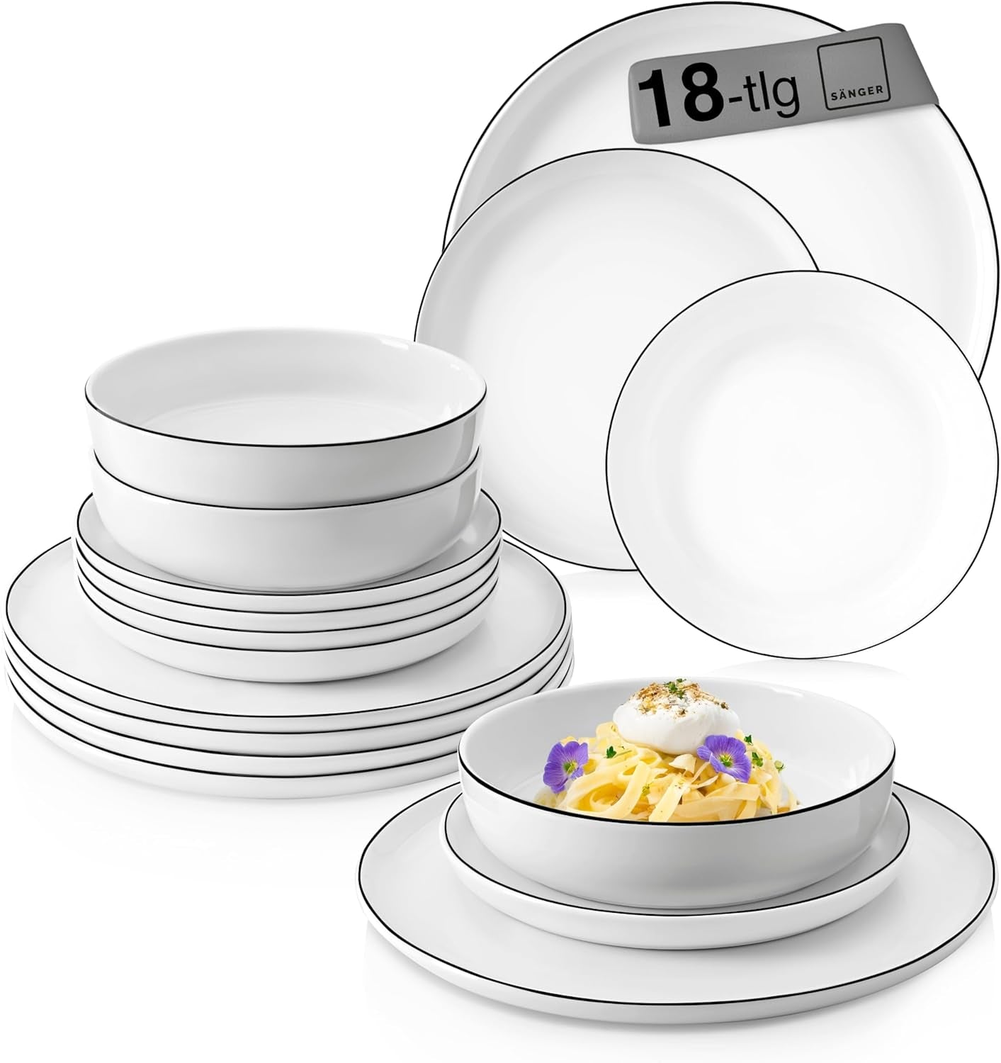 SANGER | Marlo Juego de vajilla con bordes blancos y negros, vajilla de porcelana de 18 piezas para 6, blanco con detalles en negro, platos llanos, platos de postre y tazones, diseño moderno | LA COLECCIÓN PREMIUM