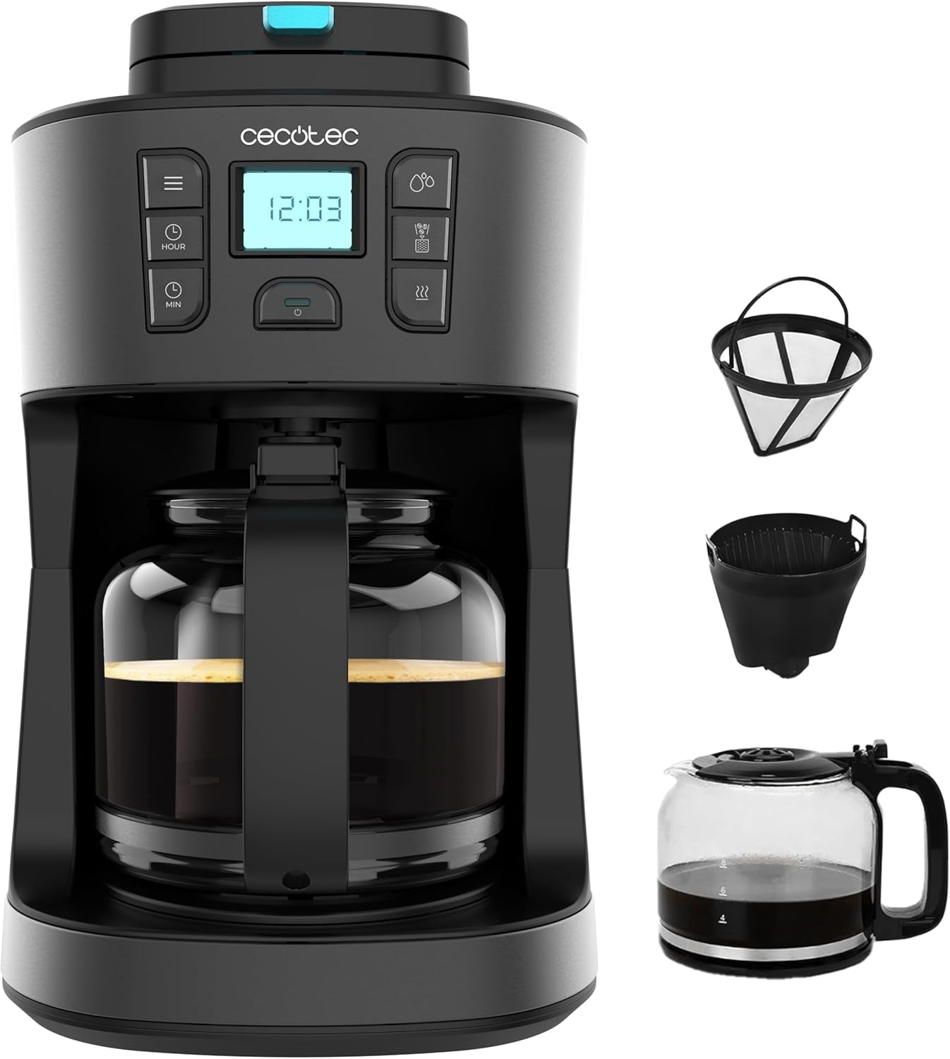 Cecotec Coffee 66 Grind & Drop Essential cafetera de goteo. 1086 W, Molinillo de Cuchillas, Hasta 12 Tazas, Tecnología Extreme Aroma, Digital, Acero Inoxidable, Apagado Automático.
