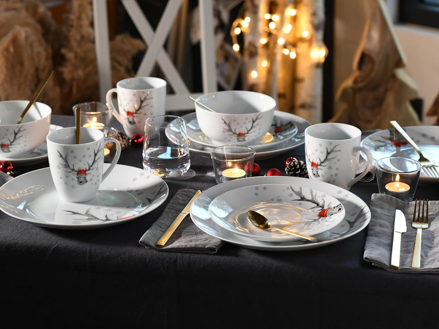 CreaTable, 21498, Serie Luna Hirsch, Vajilla de 18 piezas para 6 personas, Juego de desayuno de porcelana, Apto para lavavajillas y microondas, Fabricación de calidad