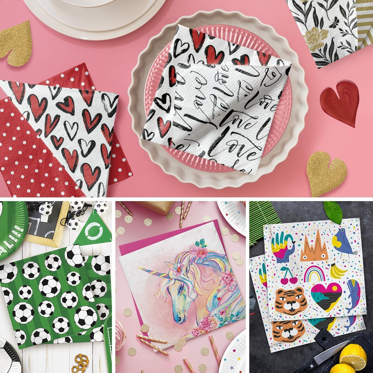 PAW - Servilletas de 3 capas (33 x 33 cm) I 20 piezas I Perfectas para fiestas, cumpleaños, días festivos I Decoración de mesa para fiestas infantiles - Servilletas de papel con motivos de colores - Helado I Helado