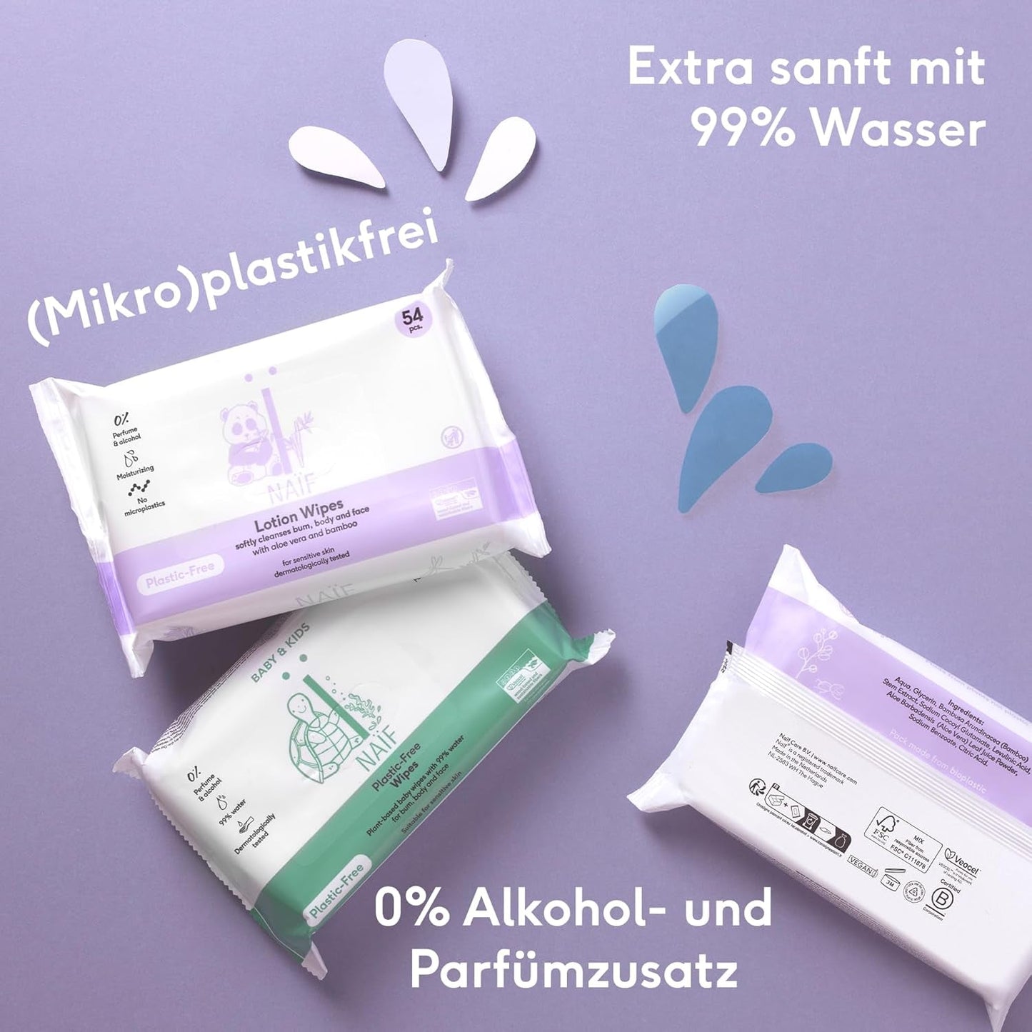 Naïf - Toallitas húmedas sin plástico - 1296 piezas (24 piezas x 54 toallitas húmedas) - Cuidado de las nalgas, el cuerpo y la cara del bebé - 99% agua - 0% fragancia y alcohol