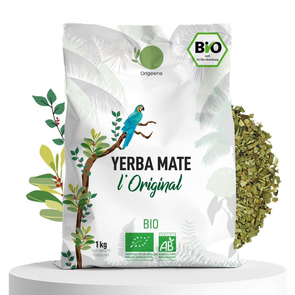 ORIGEENS BIO YERBA MATE TÉ 1 KG - El Original I Sin tostar, hojas, sin tallos, polvo ni migas I Bebida energizante y desintoxicante