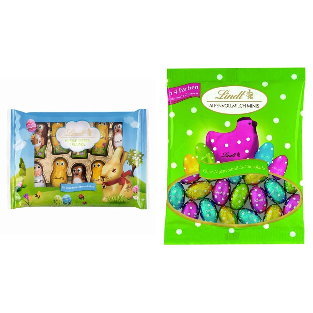 Pequeños Amigos de Pascua con Chocolate | 2 x 100 g y Decoración de Chocolate Mini Huevos con Leche Alpina | 2 sobres de 180 g | Huevos de chocolate con leche premium, empaquetados de forma alegre y colorida, en cuatro colores para Pascua