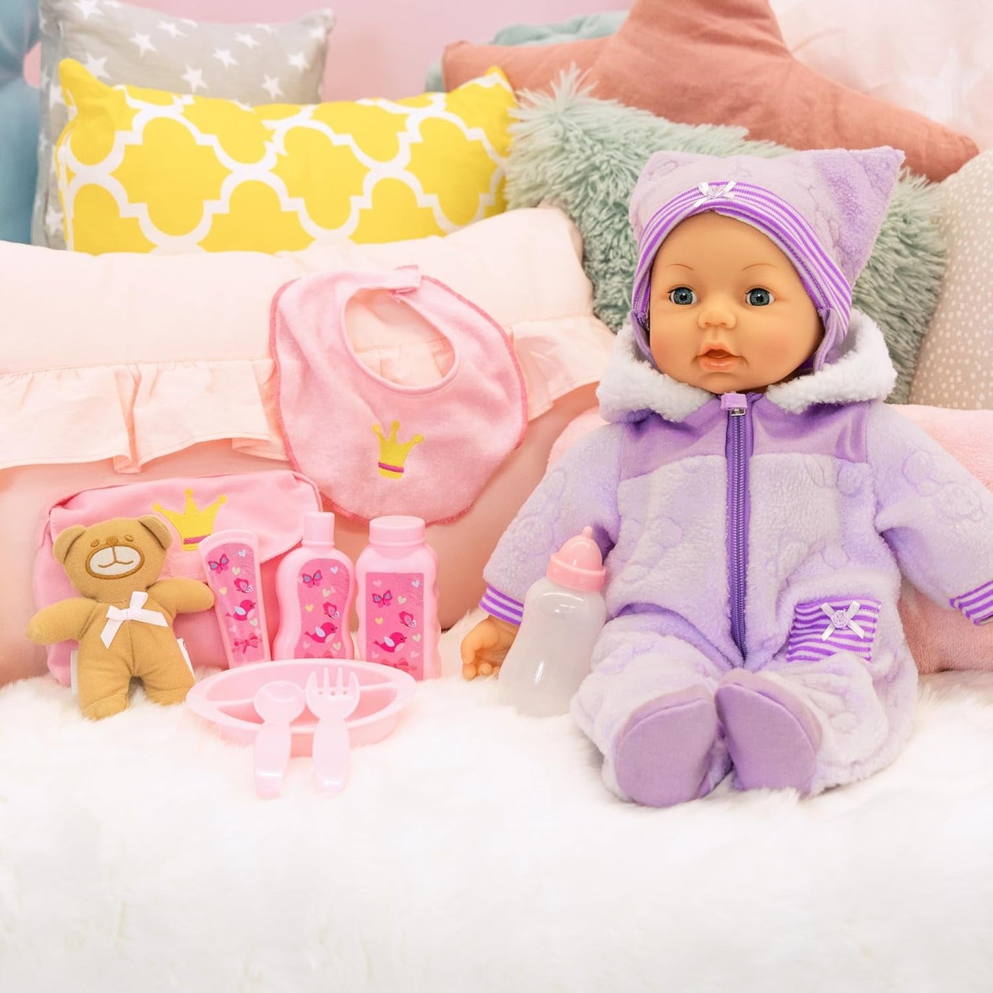 Bayer Design 94694AG 94694AA, Muñeca Funcional, Muñeca Interactiva Piccolina Magic Eyes, Mueve la Boca, Parpadea y Cierra los Ojos, Habla, Morado, 46cm