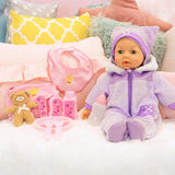 Bayer Design 94694AG 94694AA, Muñeca Funcional, Muñeca Interactiva Piccolina Magic Eyes, Mueve la Boca, Parpadea y Cierra los Ojos, Habla, Morado, 46cm