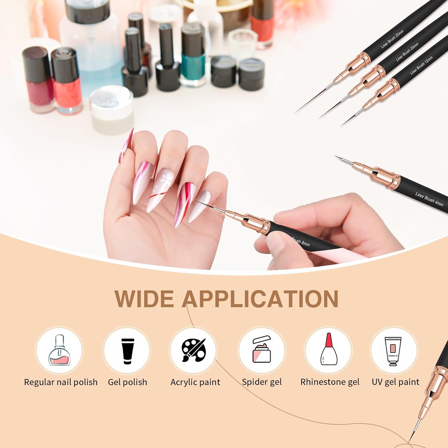Pinceles para uñas, 5 piezas Pinceles para contorno de uñas, Juego de pinceles para diseño de pintura, Herramienta de dibujo de punta de uñas para líneas largas, Detalles finos, Dibujo fino en tamaño 6/9/12/15/18 mm, Negro