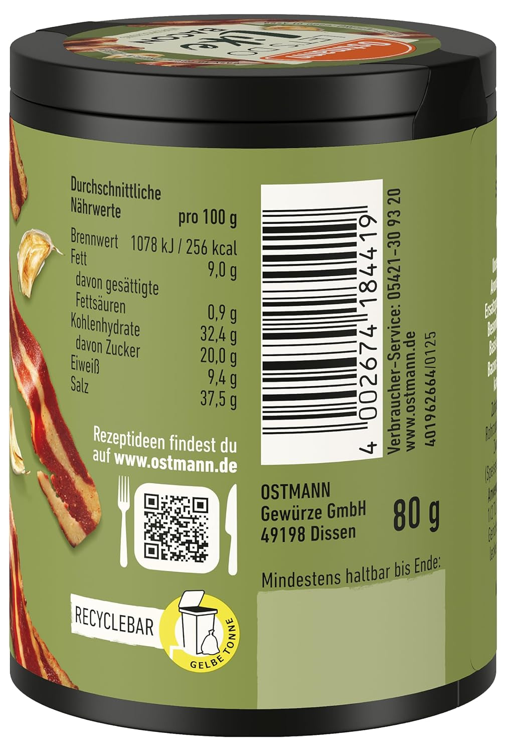 Ostmann Gewürze - Hagamos como el tocino | Bacon-Geschmack para ungewürzte Fleischersatzprodukte | Gewürzsalz für Tofu y vegetarian/vegane Eintöpfe | 80 g en barra de reciclaje Metalldose