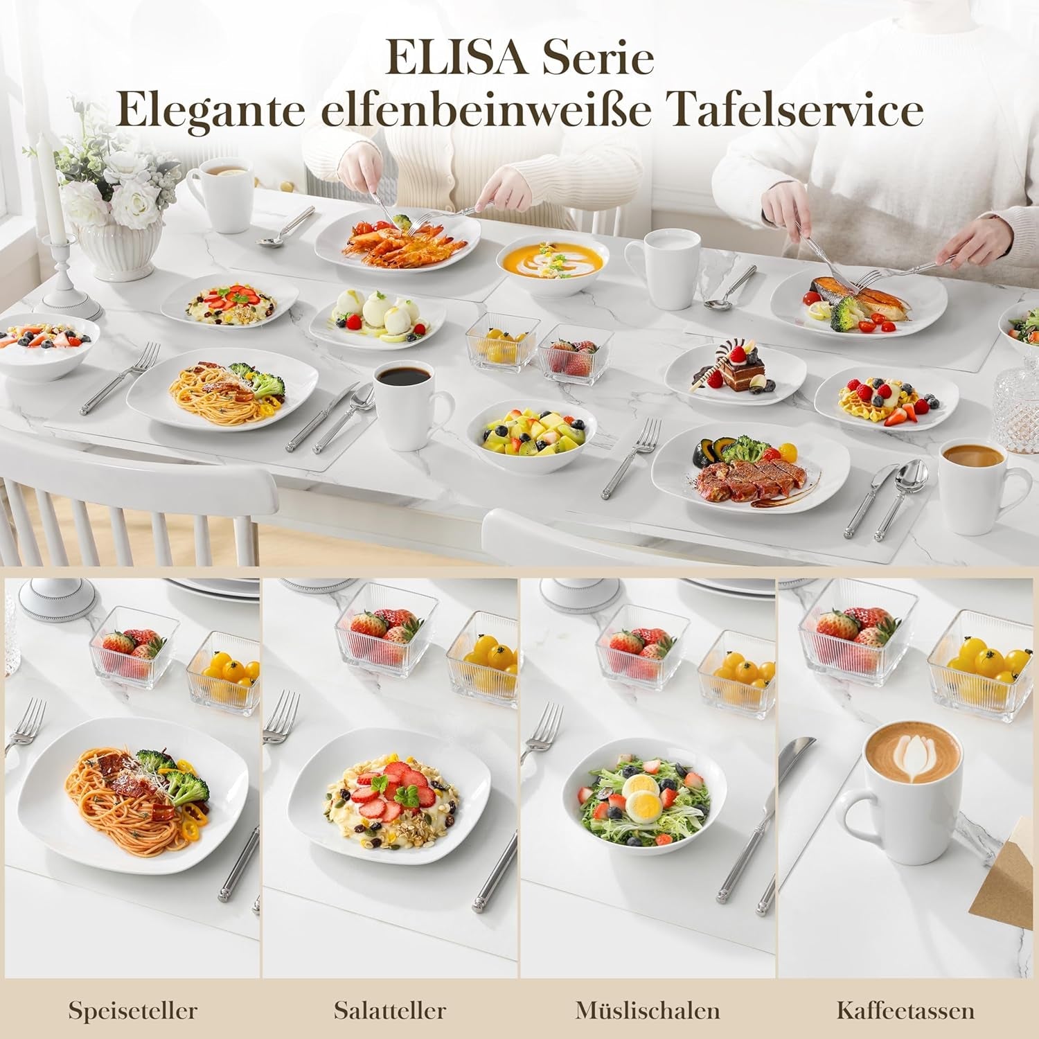MALACASA Vajilla para 4, Vajilla de Porcelana Blanca de 16 Piezas, Vajilla Moderna con 4 Platos Llanos, Platos de Postre, Platos y Tazas Suma, Serie ELISA