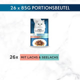 Gourmet Perle Duetto comida húmeda para gatos con salmón y bacalao amarillo, paquete de 26 (26 x 85 g)