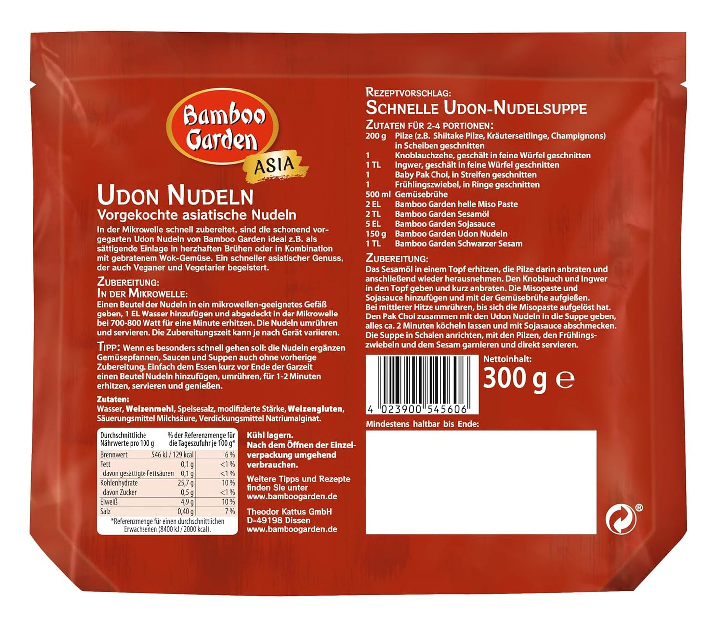 Fideos udon de Bamboo Garden, precocidos, 300 g