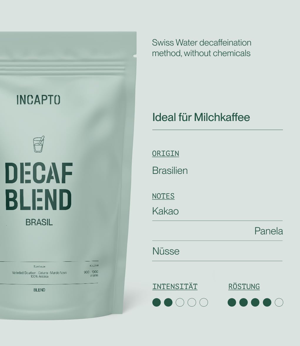 Incapto Ganze Entkofeinierte Kaffeebohnen | Ohne Chemikalien | Mischung aus 100% Arábica-Café aus Brasilien | Ungemahlen Espresso Bohnen | Café Suizo Descafeinado al Agua, Paquete 500g