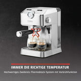 Caso Espresso Gourmet - Cafetera Espresso con Portafiltro de Acero Inoxidable, Potente Bomba Ulka de 19 Bares, con Espumador de Leche, para Café Molido o Cápsulas de Café ESE, para 2 Tazas, con Calentador de Tazas
