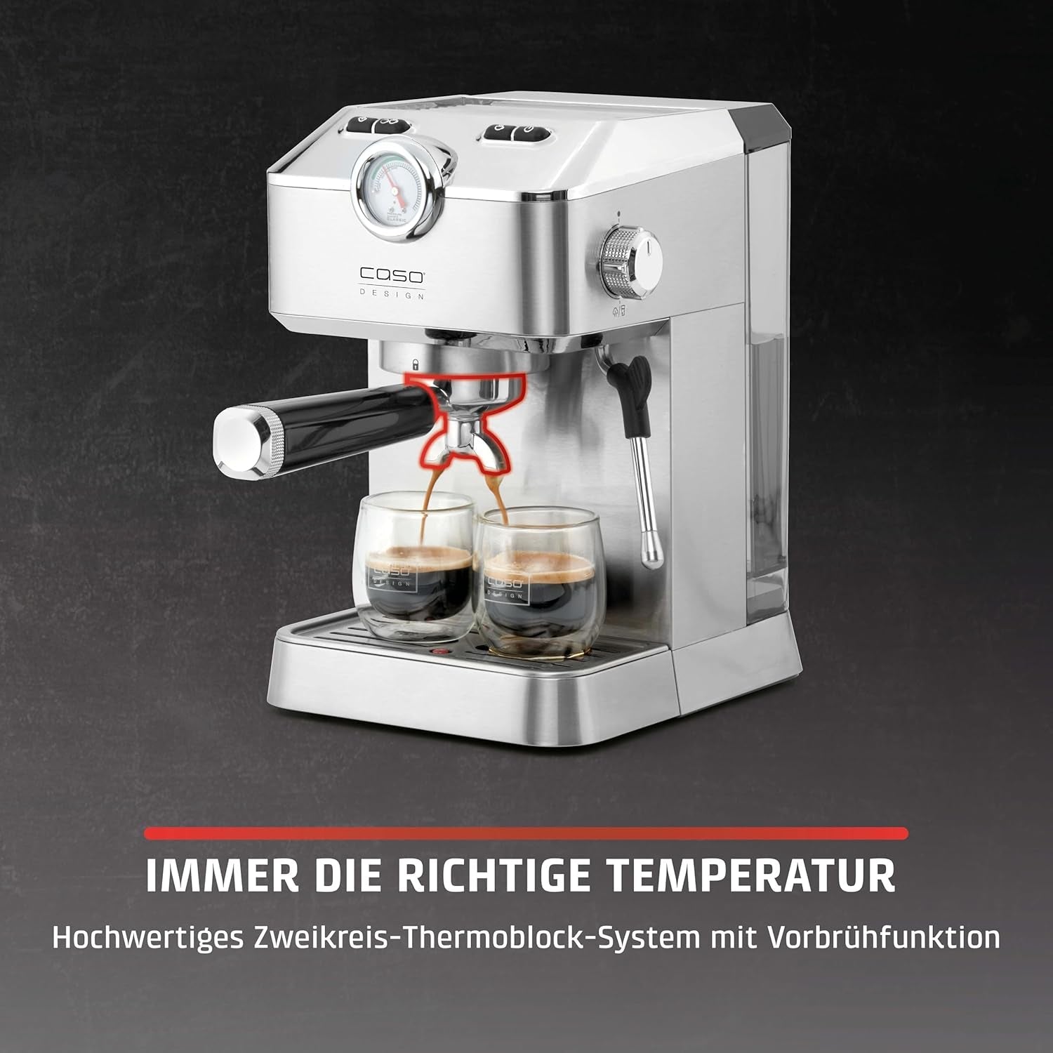 Caso Espresso Gourmet - Cafetera Espresso con Portafiltro de Acero Inoxidable, Potente Bomba Ulka de 19 Bares, con Espumador de Leche, para Café Molido o Cápsulas de Café ESE, para 2 Tazas, con Calentador de Tazas