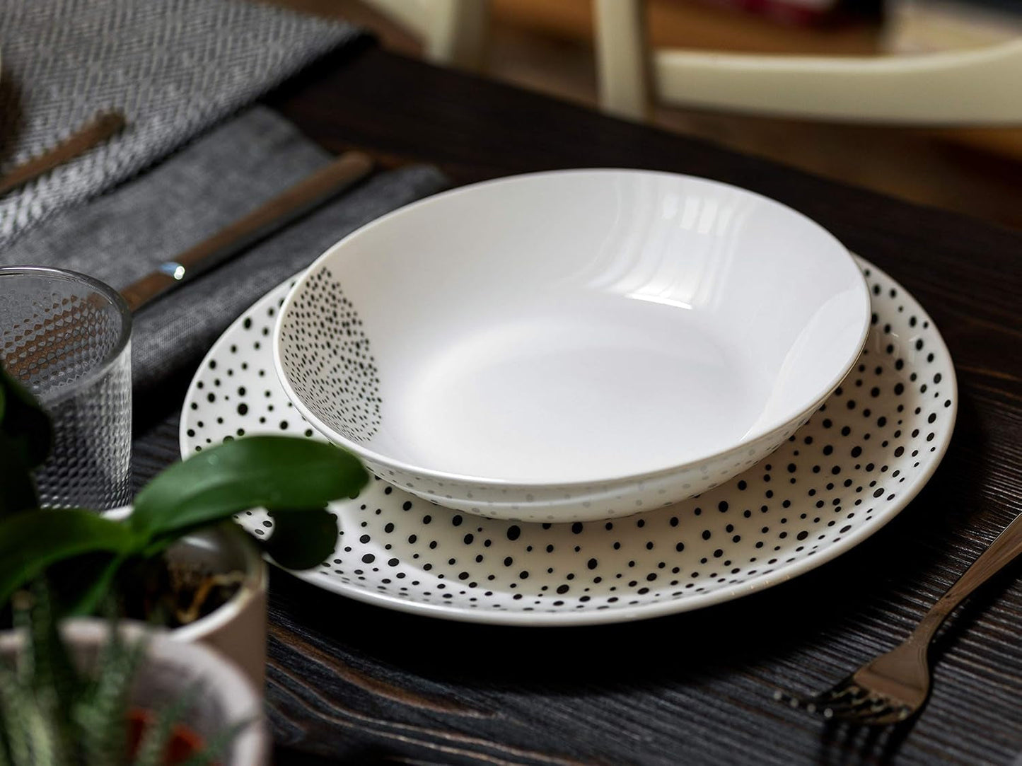 Servicio de mesa gráfica, 18 piezas para 6 personas, porcelana, blanco