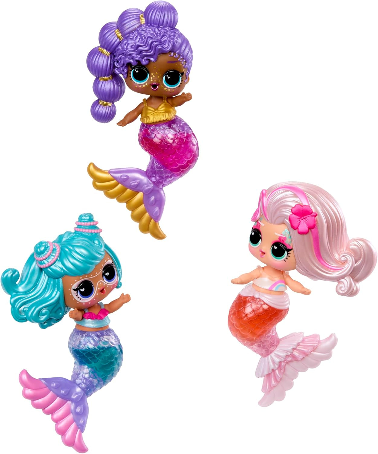 Jajaja ¡Sorpresa! Mermaids Makeover Magic Tots - Brillo de labios real para que tú y tu muñeca hagan, mezclen y creen maquillaje, divertido juego acuático, 6 muñecas para coleccionar - Edades 4+