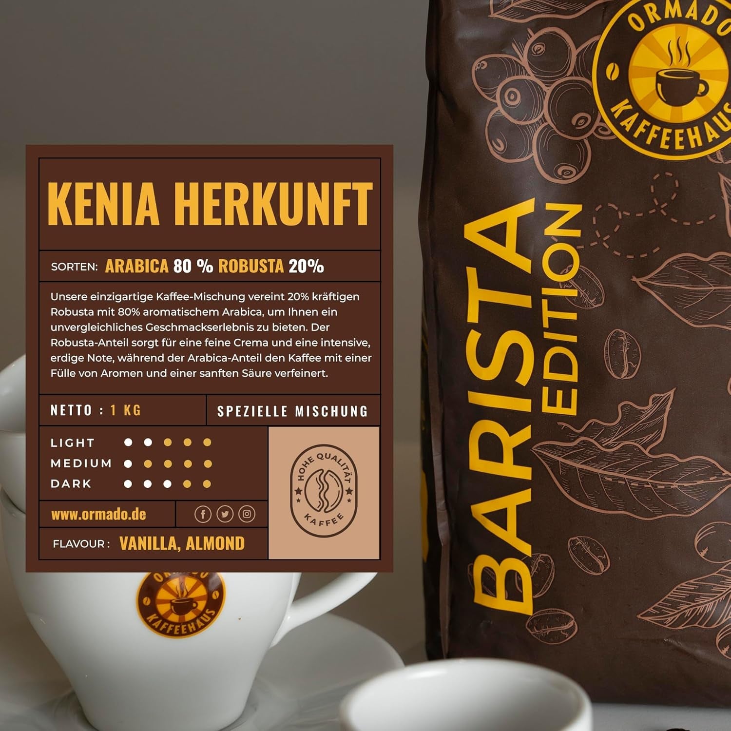 Ormado Coffee House, Cápsulas de café, Granos de café patentados de Kenia - Mezcla de Arábica y Robusta, Granos de café enteros para máquinas de café totalmente automáticas, Granos tostados, Café de cuerpo completo 1 kg, Totalmente automático