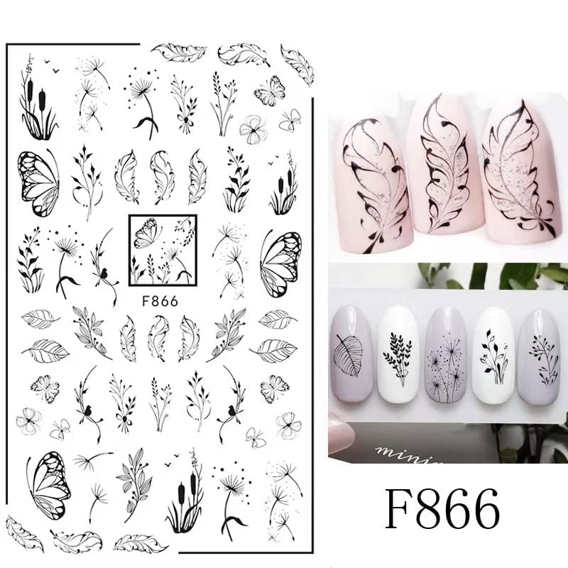 JMEOWIO Nagelsticker Blumen 10 Blatt Nagelaufkleber Selbstklebend Negro Blanco Flor Nail Art Sticker Decoración Nageldesign Zubehör