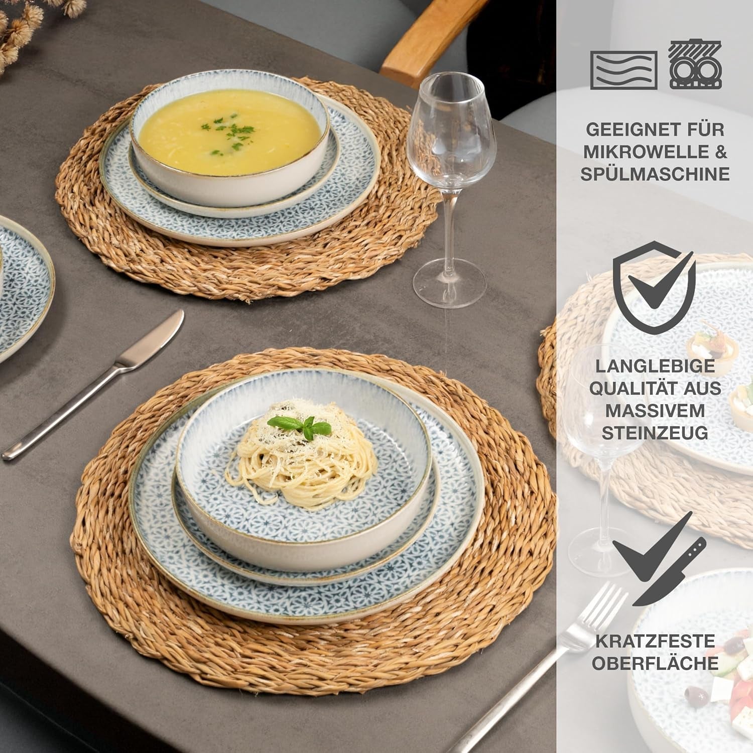Moritz & Moritz ALHAMBRA Vajilla para 6, 18 piezas, Porcelana de Alta Calidad - Vajilla Moderna Azul - Juego de Fácil Cuidado que Incluye 6 Platos Llanos, 6 Platos de Postre y 6 Cuencos