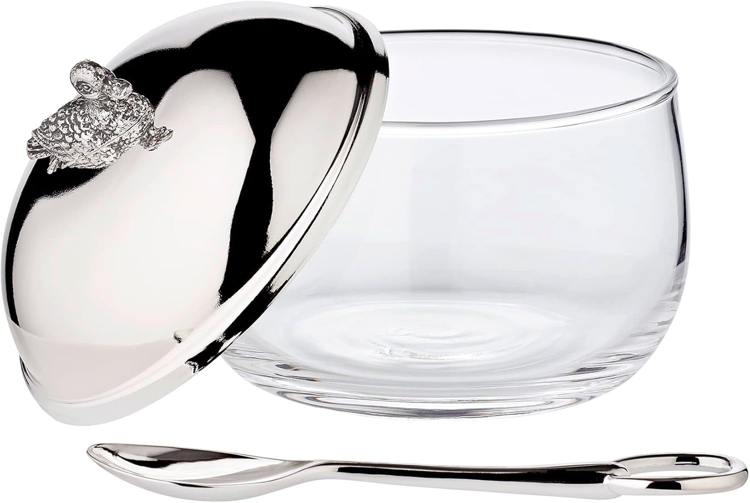 EDZARD Tarro de mermelada de pato (Ø 10 cm) de plata y cristal - Caja y cuchara - Cuenco, azucarero, queso - Tarro de mermelada con tapa, almacenaje con tapa, caja de regalo con cerradura