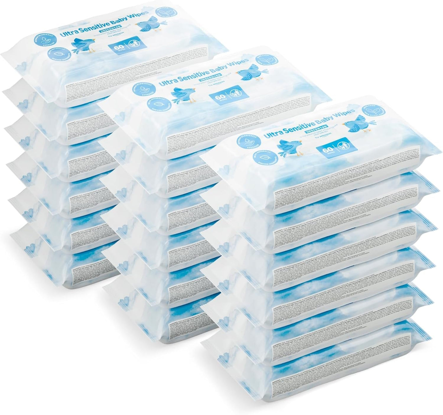 Toallitas para bebés Amazon Ultra Sensitive, 1080 toallitas, sin perfume, 18 paquetes de 60 toallitas (anteriormente marca Amazon, producto idéntico)