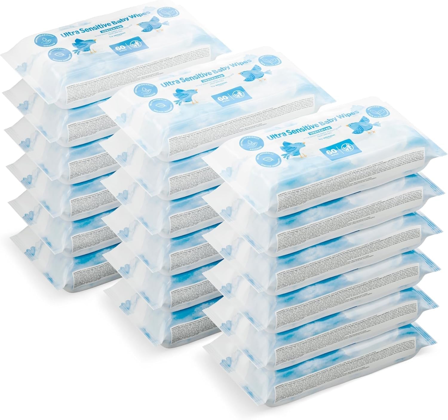 Toallitas para bebés Amazon Ultra Sensitive, 1080 toallitas, sin perfume, 18 paquetes de 60 toallitas (anteriormente marca Amazon, producto idéntico)