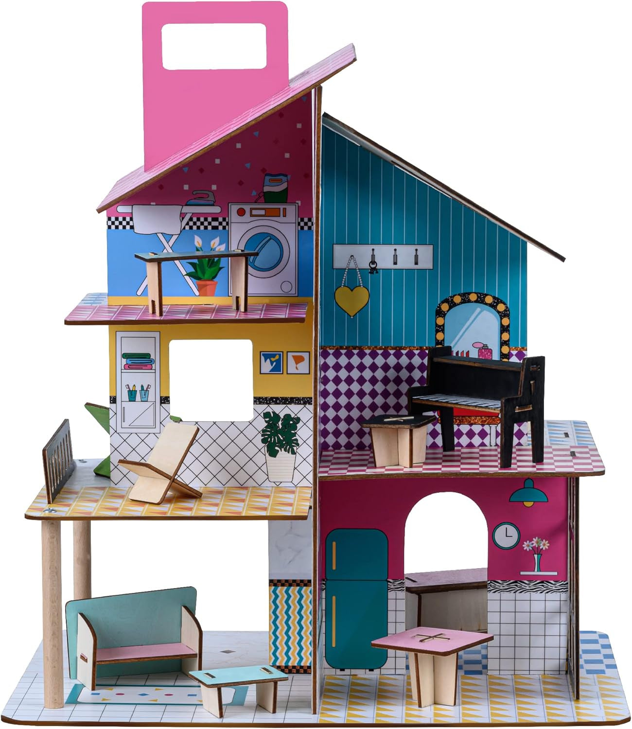 Olivia's Little World 360 Casa de muñecas de madera para niños, muñecas de 3,5" y 12 accesorios, multicolor TD-13260C