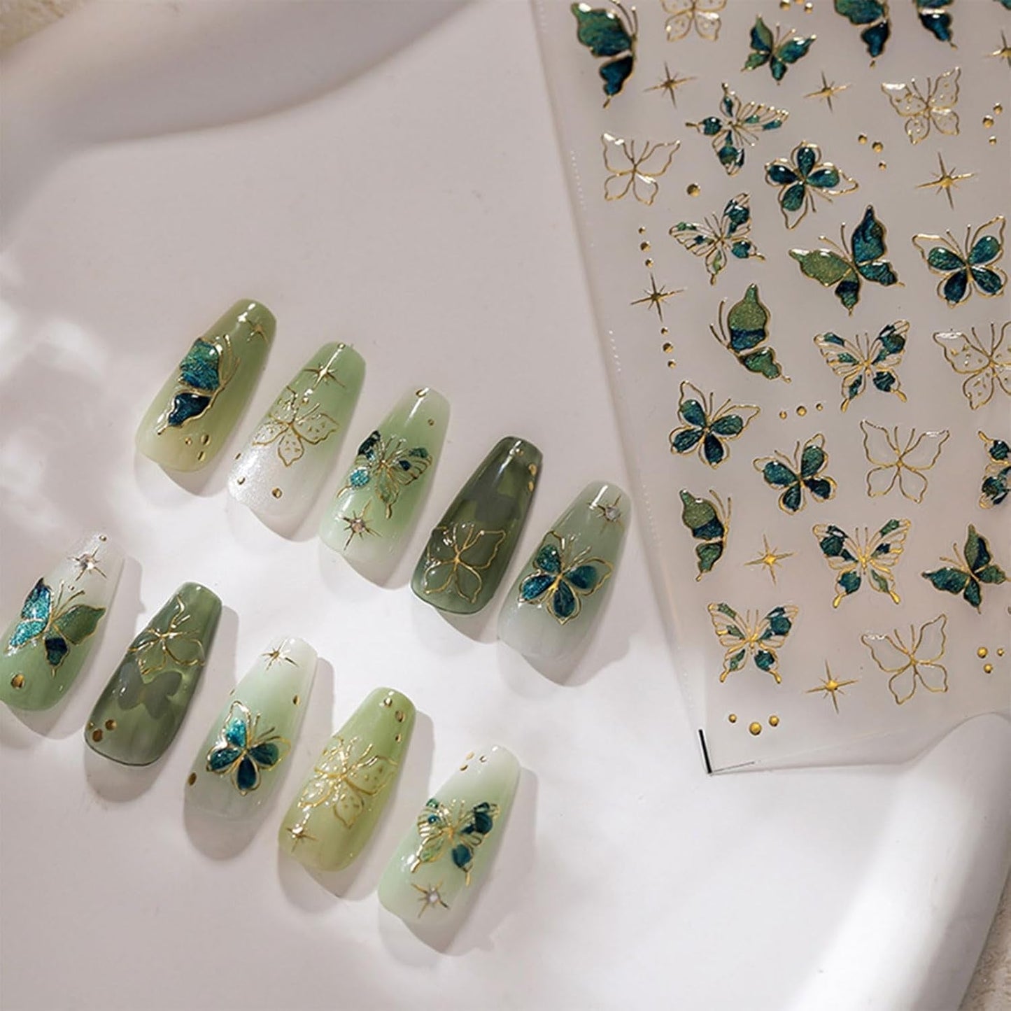 JMEOWIO 3D Nagelsticker Verde Oro Schmetterling Nail Art Sticker Selbstklebend Nagelaufkleber 5D Stereoskopisch Dekoration Nageldesign Zubehör 1 Blatt