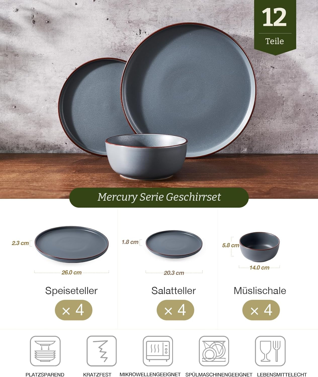 Mercury Juego de vajilla de 12 piezas, vajilla de gres para 4 personas con platos llanos, platos de postre, cuencos de cereales, apto para microondas y lavavajillas, gris carbón