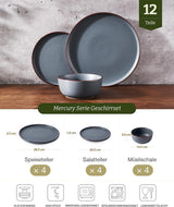 Mercury Juego de vajilla de 12 piezas, vajilla de gres para 4 personas con platos llanos, platos de postre, cuencos de cereales, apto para microondas y lavavajillas, gris carbón