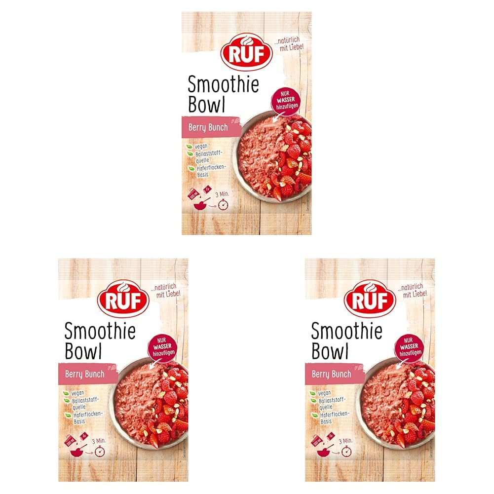 RUF Smoothie Bowl Berry Bunch Avena Desayuno Snack con Bayas y Semillas de Chía, Rápido y Fácil de Preparar, Vegano, 1 Bolsa x 50g (Paquete de 3)