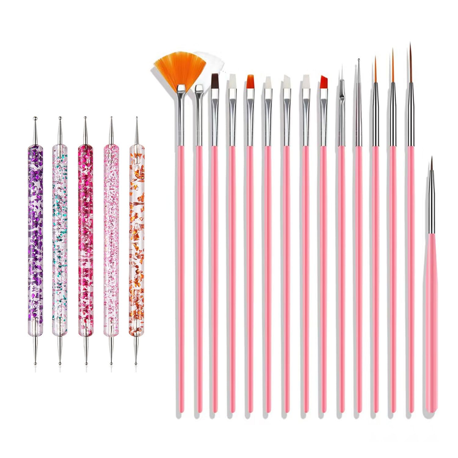 Juego de pinsel para decoración de uñas, 20 piezas de pinsel Nageldesign Malerei, pinsel de diseño de arte de uñas profesional, pinsel de delineador fino para uñas, rosa