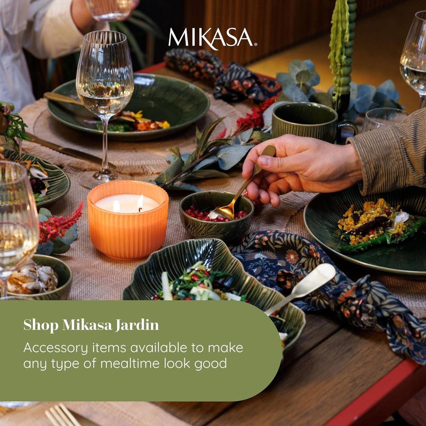 Mikasa Jardin Vajilla de gres de 12 piezas, vajilla para 4 personas con platos, guarniciones y cuencos, verde - Caja de regalo y apta para lavavajillas
