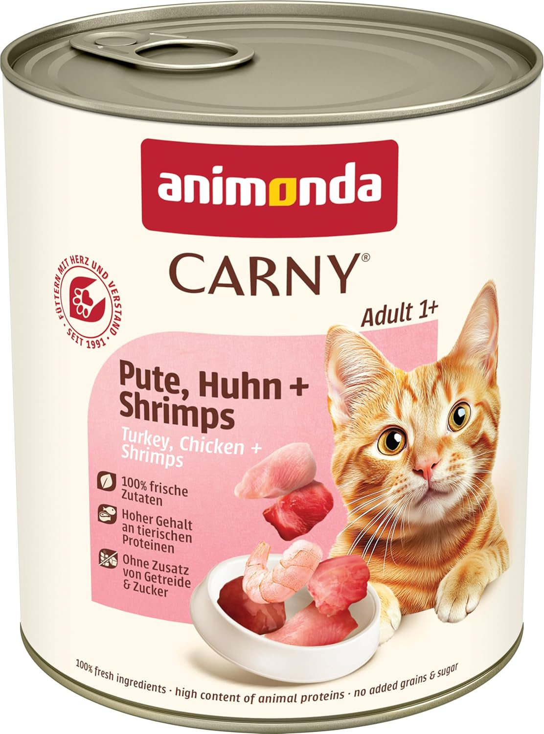 Animonda Carny comida húmeda para gatos pavo + pollo + gambas (6 x 800g), comida húmeda sin cereales, sin azúcar y con ingredientes cárnicos frescos