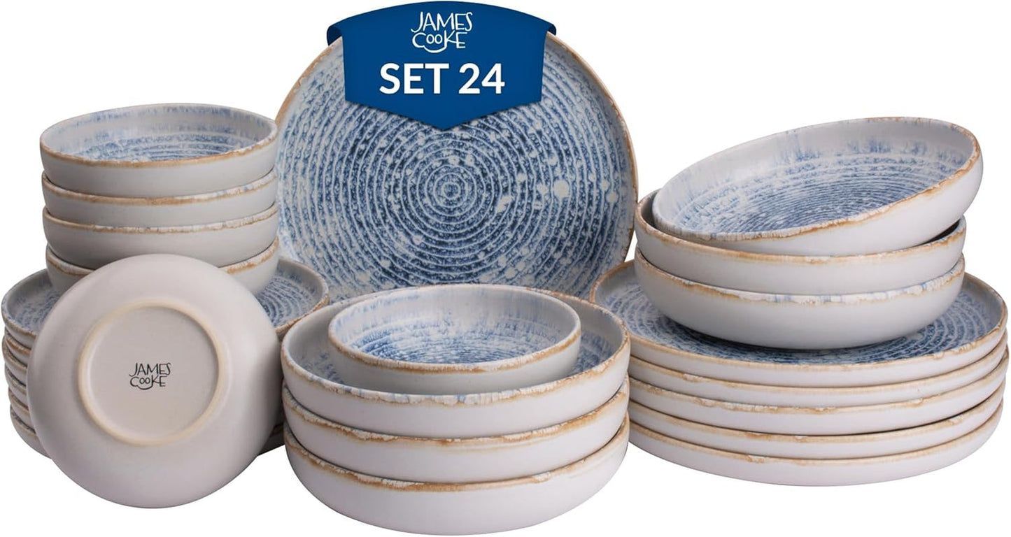 Juego de vajilla de gres vintage Azure para 6 - 24 piezas - Rayas blancas y azules, superficie en relieve - Apto para lavavajillas, horno y microondas