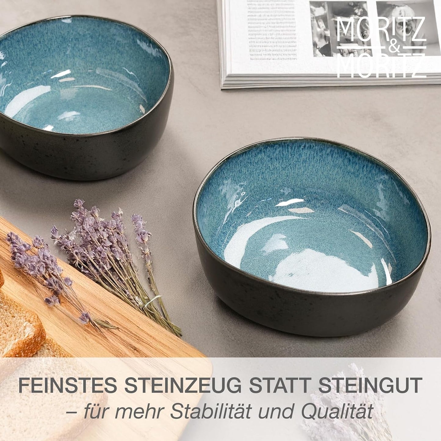 Moritz & Moritz ORGANIC Juego de cuencos para servir, azul - 2 cuencos grandes de gres de alta calidad, modernos y atemporales, aptos para microondas y lavavajillas - perfectos para ensaladas, pastas, snacks y más