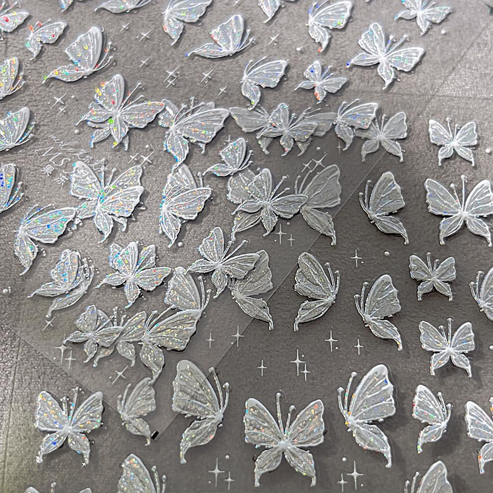 Aurora Muschel Schmetterling Nagelsticker Weiß Schmetterlinge Nail Sticker Gelee Relief Butterfly Nagelaufkleber Y2K Mariposas Nagel Sticker Nägel Nageldesign Nagel Zubehör Nail Art Stickers Nailart