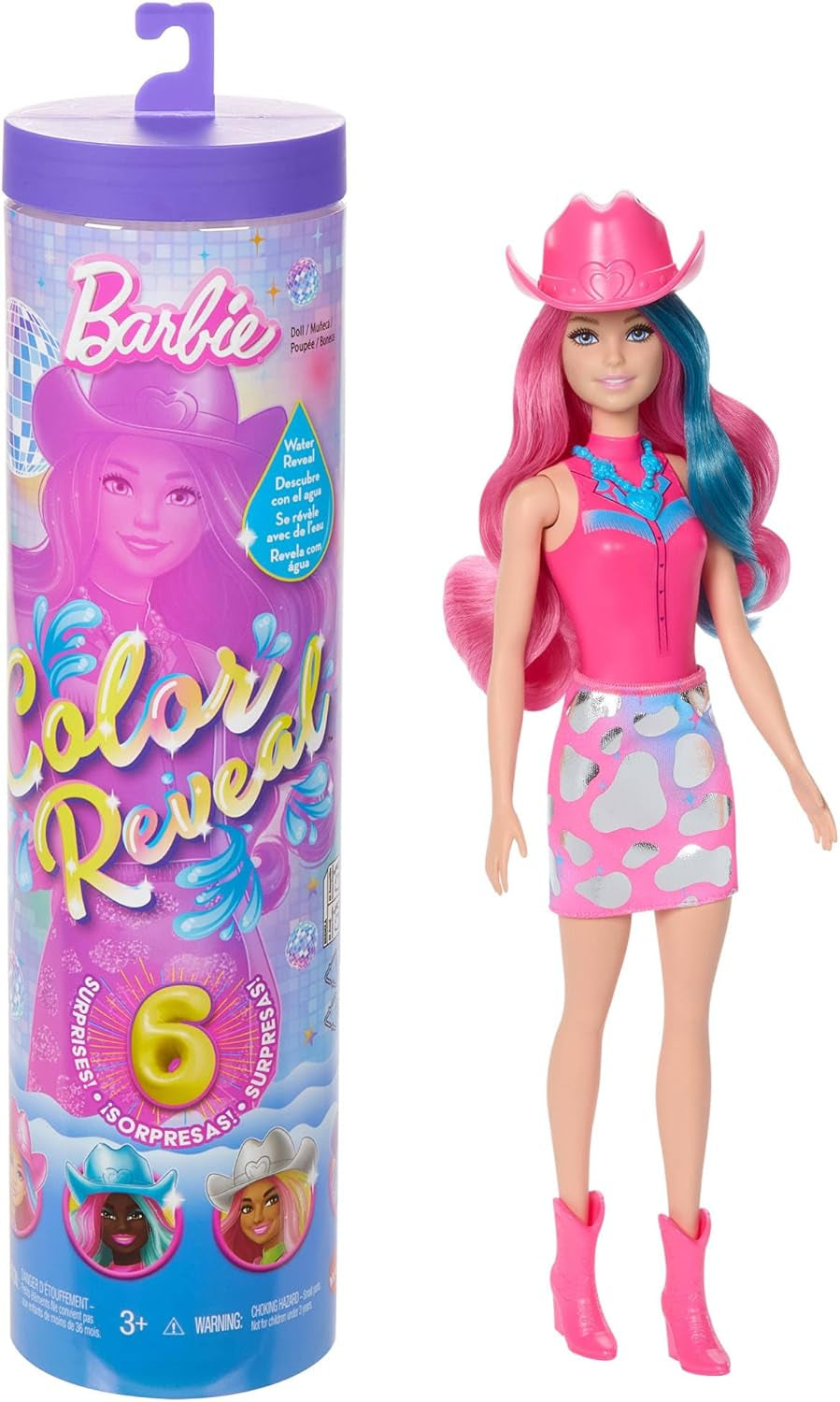 Muñeca Barbie Color Reveal y accesorios con 6 sorpresas, serie Disco Star con purpurina metálica y parte superior que cambia de color (los estilos pueden variar), JCP01, 32 cm