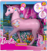Barbie unicornio que brilla en la oscuridad con 20 combinaciones interactivas de efectos de luz, sonido y música para jugar con presionar un botón y acariciar la cabeza, JCP78