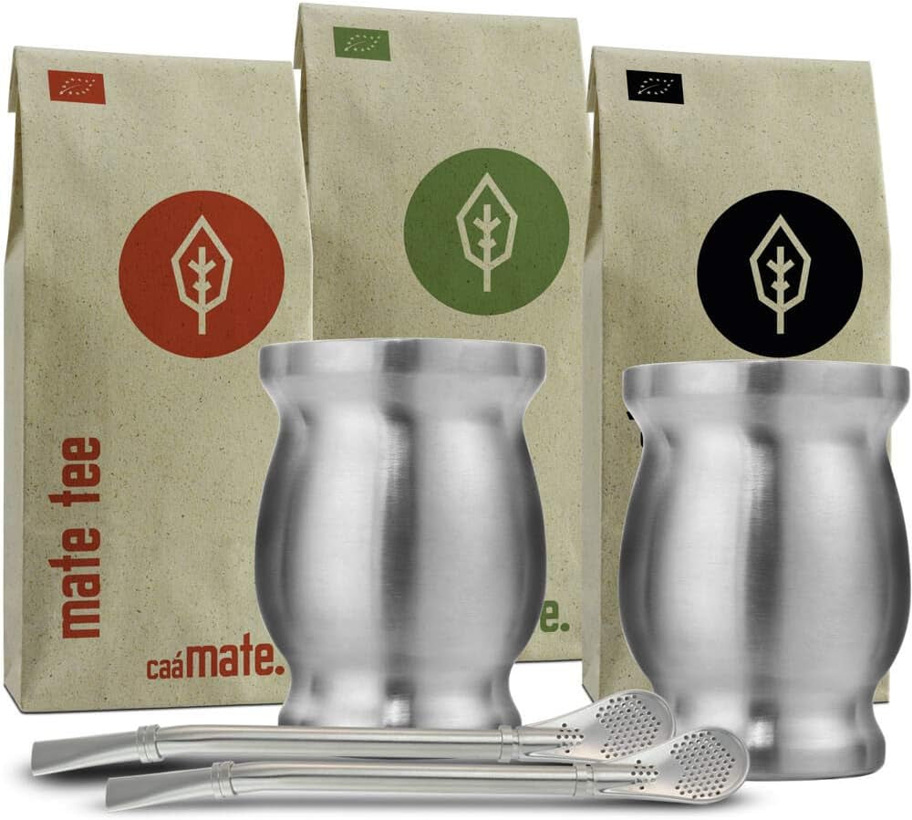 Juego de Té Mate Bio ● 3 Surtidos de Mate + 2 Mates de Acero Inoxidable de Doble Pared + 2 Bombillas + Instrucciones de Preparación (Negro)