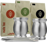 Juego de Té Mate Bio ● 3 Surtidos de Mate + 2 Mates de Acero Inoxidable de Doble Pared + 2 Bombillas + Instrucciones de Preparación (Negro)