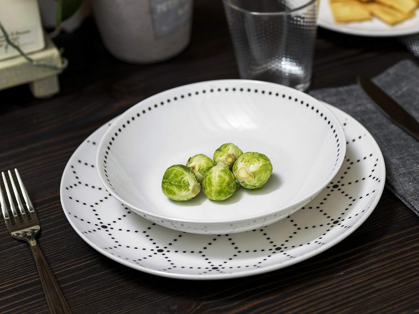 Servicio de mesa gráfica, 18 piezas para 6 personas, porcelana, blanco