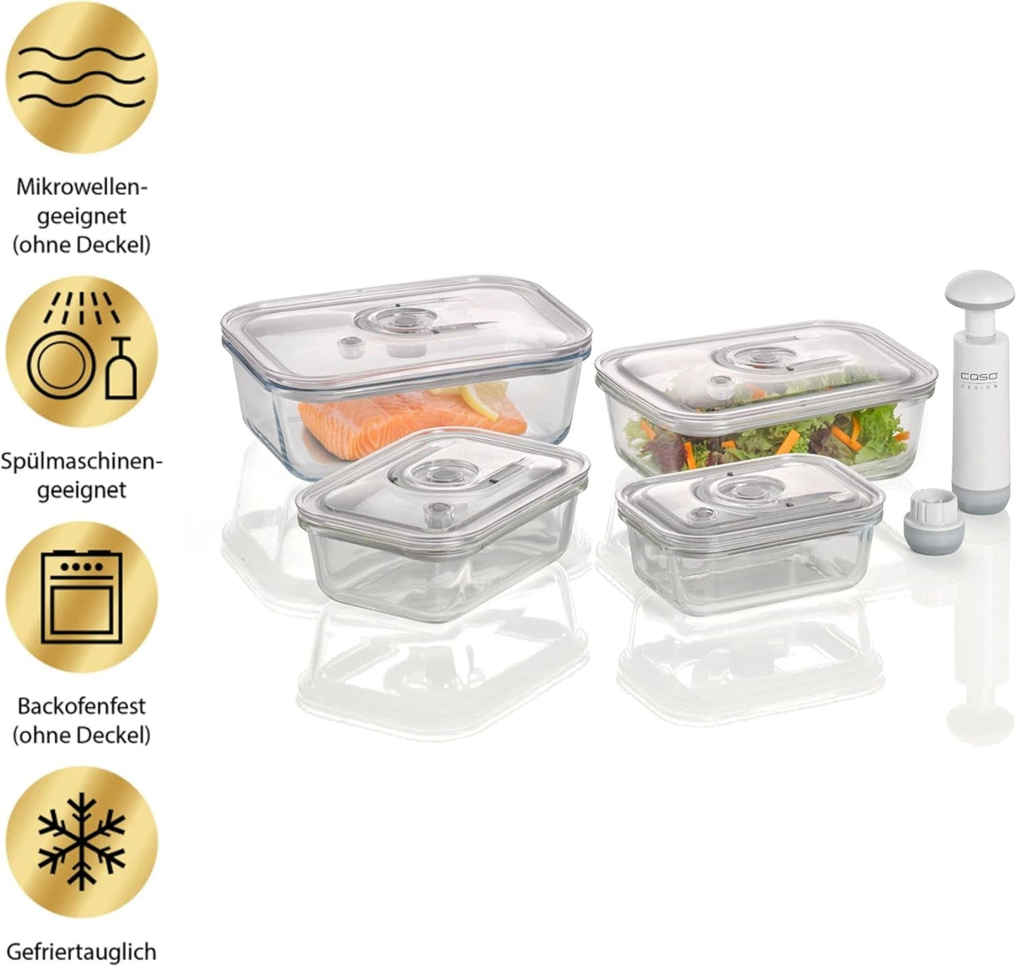 Caso VacuBoxx E-Set - 4 recipientes al vacío cuadrados extremadamente estables y juego de recipientes al vacío, recipientes irrompibles y aptos para lavavajillas, 3 recipientes al vacío para alimentos y líquidos sensibles a la presión Cajas de conservación de alimentos Naty Shop