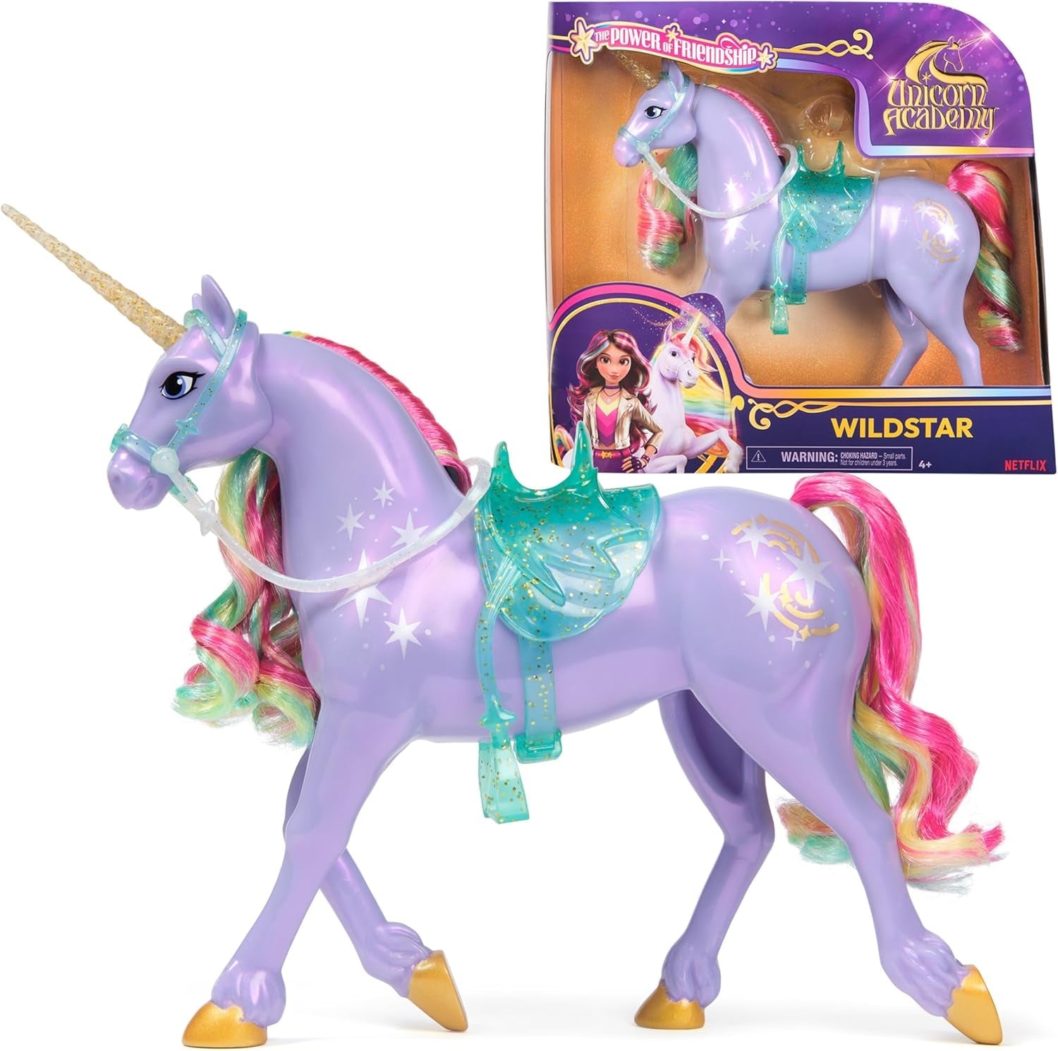 Wildstar Unicorn de Unicorn Academy: unicornio Sophia original de 28 cm de altura de la serie de Netflix con melena y cola reales, brida, silla y cepillo extraíbles, para edades de 4 años en adelante