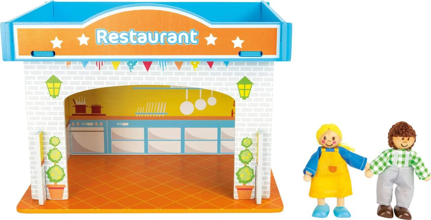 Small Foot 10852 Casa de Juegos Restaurante Fabricada en madera, Con 2 figuras de muñecos, accesorios y techo desmontable, A partir de 3 años Naty Shop Casas de muñecas