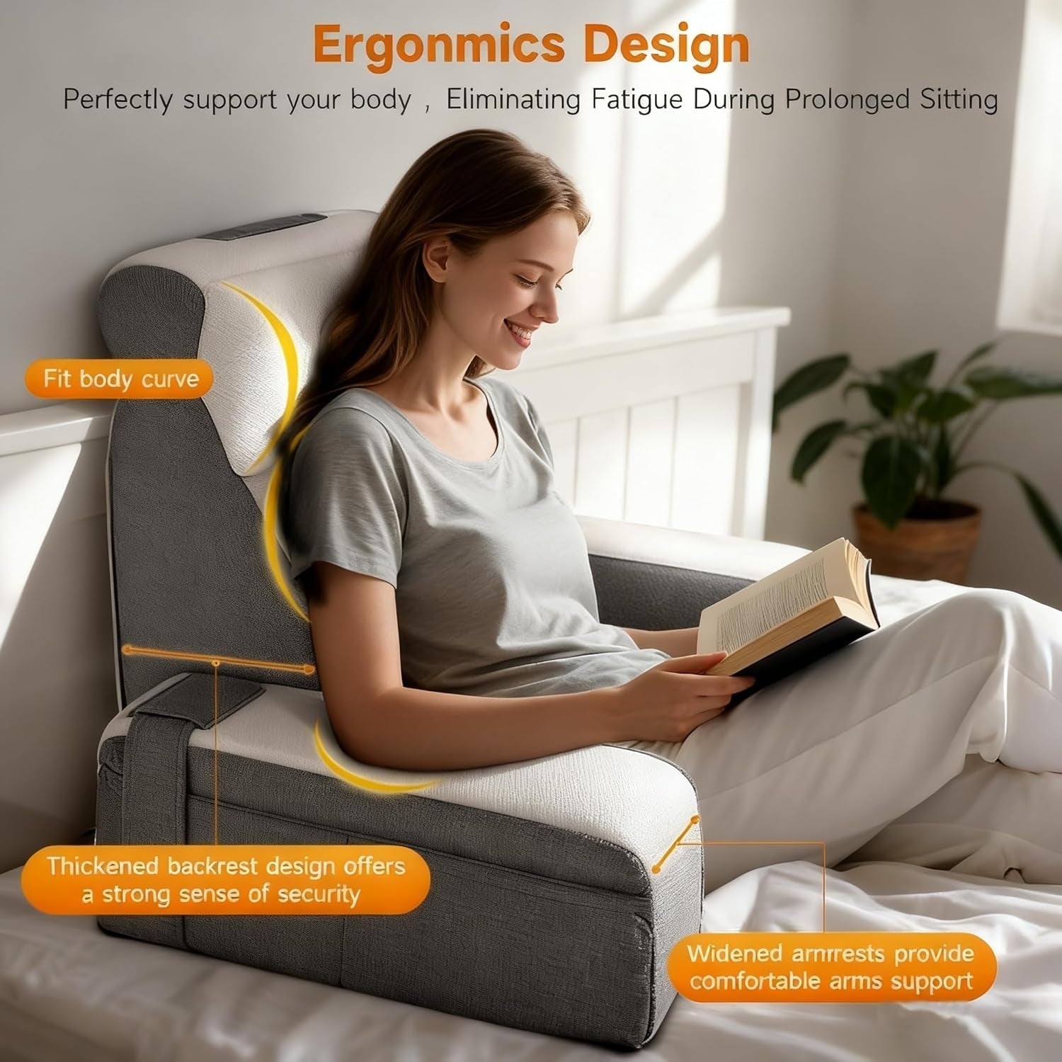 Almohada de lectura grande con soporte para el cuello y reposabrazos extraíbles, almohada de respaldo para cama, almohada de respaldo ergonómica con brazo, bolsillo y funda lavable para leer y ver televisión.
