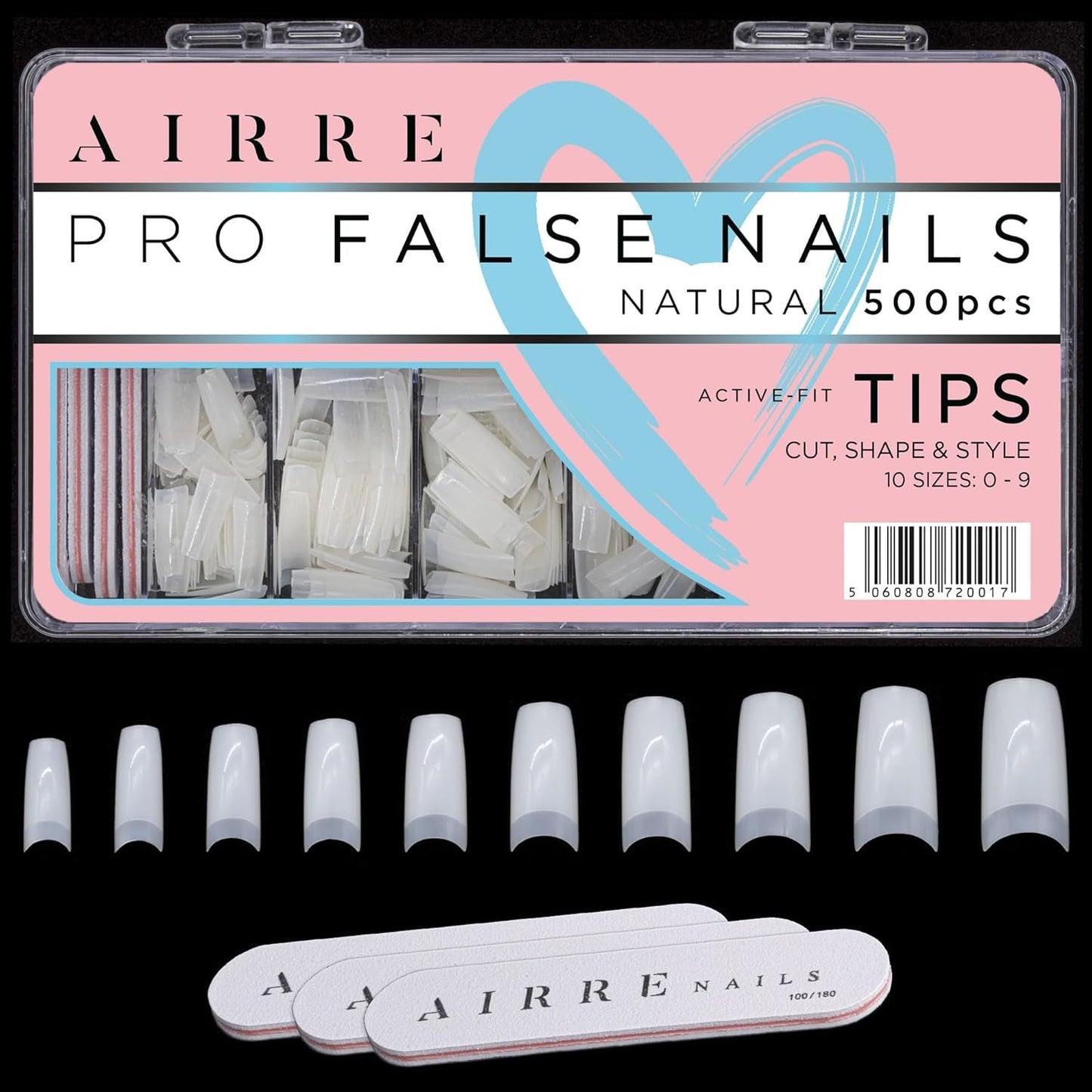 AIRRE 500 uñas de gel profesionales y 3 limas por caja - (10 tamaños) uñas postizas francesas de media luna, uso en salón y hogar, corte, limado y modelado, gel UV/LED, esmalte de uñas y arte de uñas (natural)